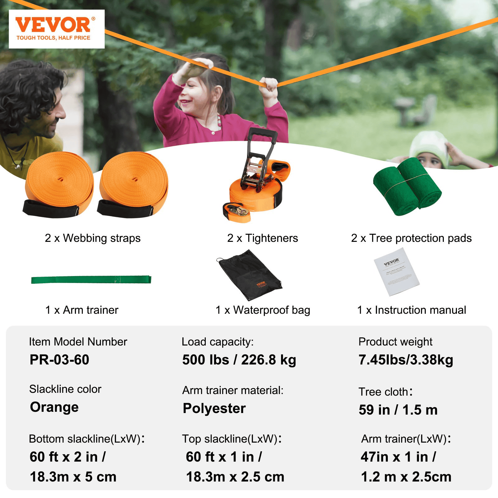 VEVOR Slackline Kit with Training Line, 60 ft Backyard Slack Line Equipment, Easy Setup Tight Rope for Kids Adults, Complete Slackline Set with Tree Protectors, Arm Trainer, Carry Bag, and Instruction