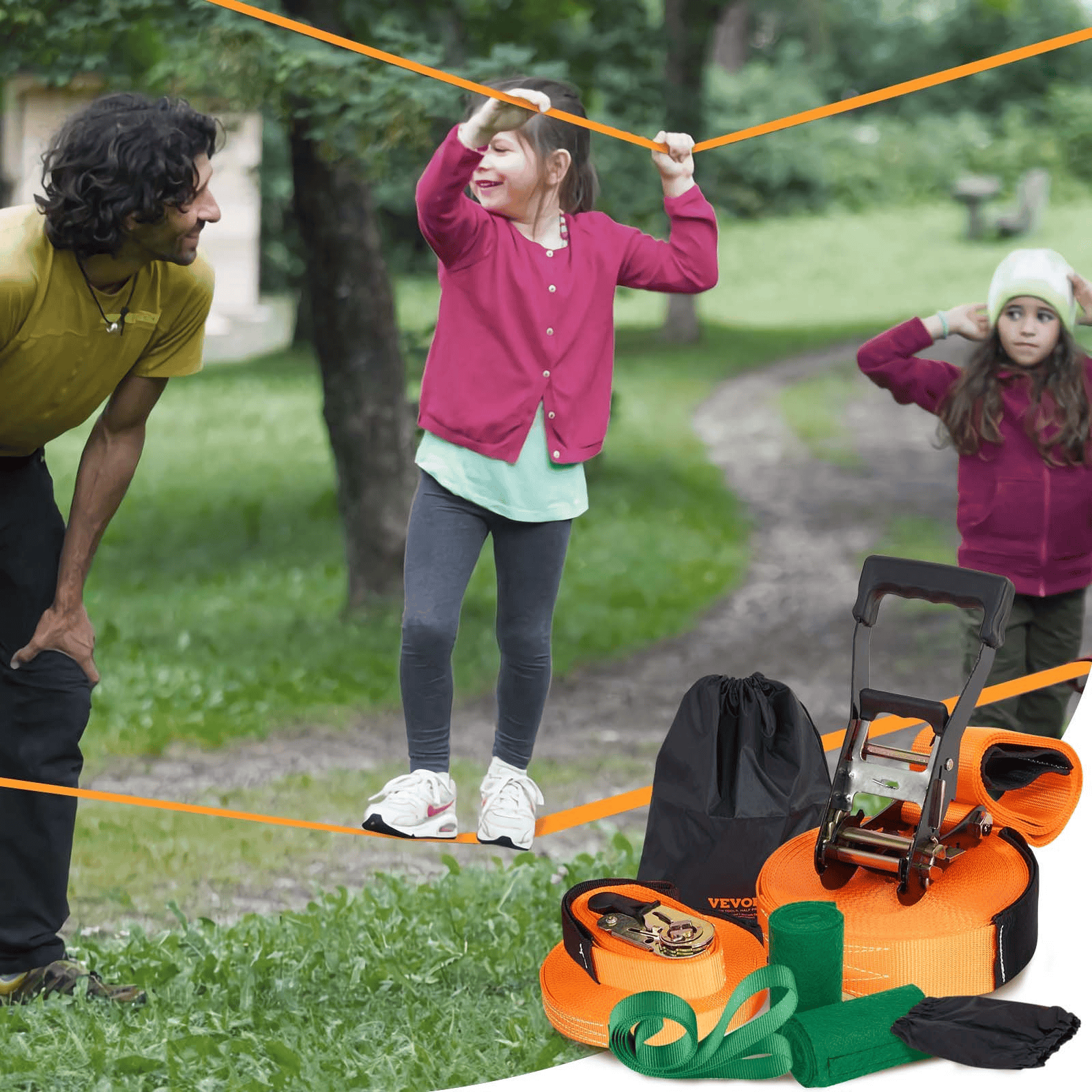 VEVOR Slackline Kit with Training Line, 60 ft Backyard Slack Line Equipment, Easy Setup Tight Rope for Kids Adults, Complete Slackline Set with Tree Protectors, Arm Trainer, Carry Bag, and Instruction