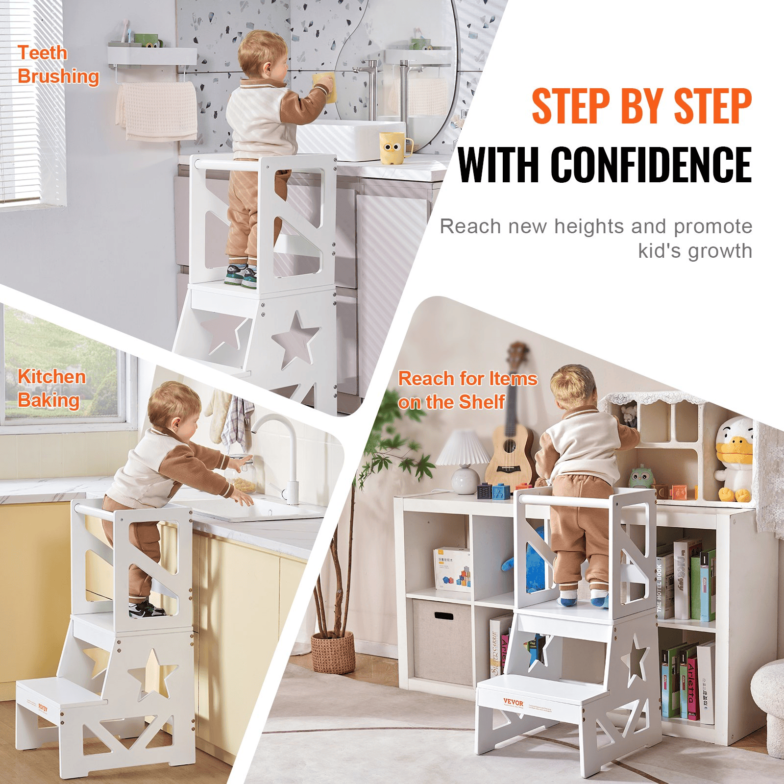 VEVOR Toddler Step Stool, Natural Pine Wood Kids Kitchen Stool Helper with Safety Rail, Standing Tower Learning Stool for Bedroom Bathroom Kitchen Counter, 150LBS Loading Capacity, White