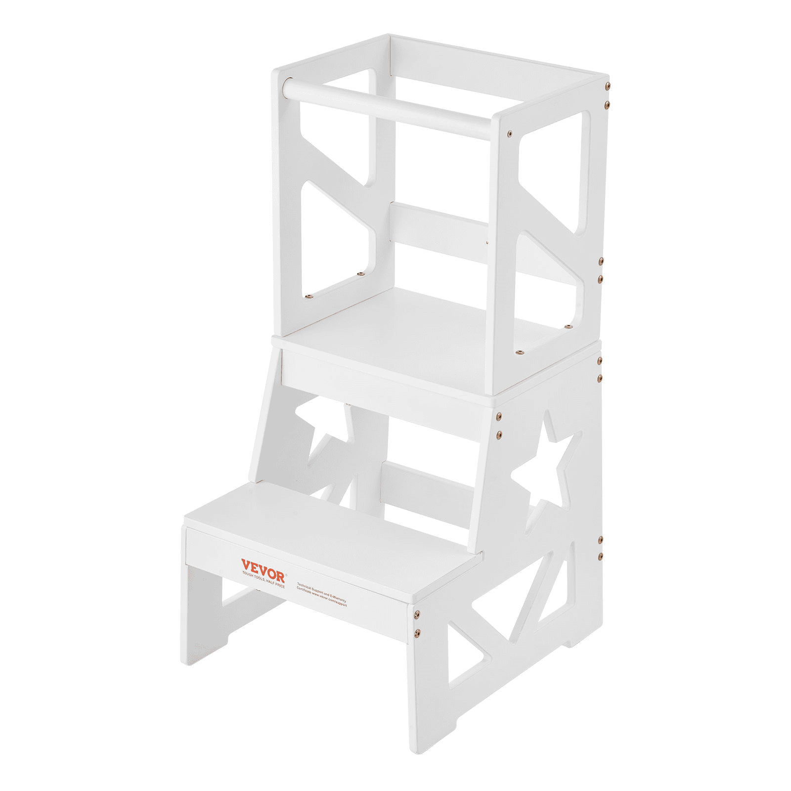 VEVOR Toddler Step Stool, Natural Pine Wood Kids Kitchen Stool Helper with Safety Rail, Standing Tower Learning Stool for Bedroom Bathroom Kitchen Counter, 150LBS Loading Capacity, White