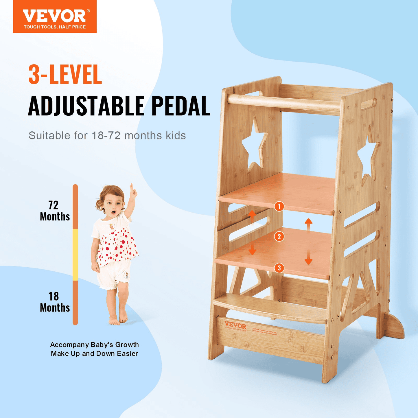 VEVOR Tower Step Stool, 3-Level Height Adjustable Toddler Step Stools for Kids, Kitchen Stool Helper, Bamboo Kids Standing Tower Learning Stool with Safety Rail for Kitchen Counter Bathroom, 350LBS