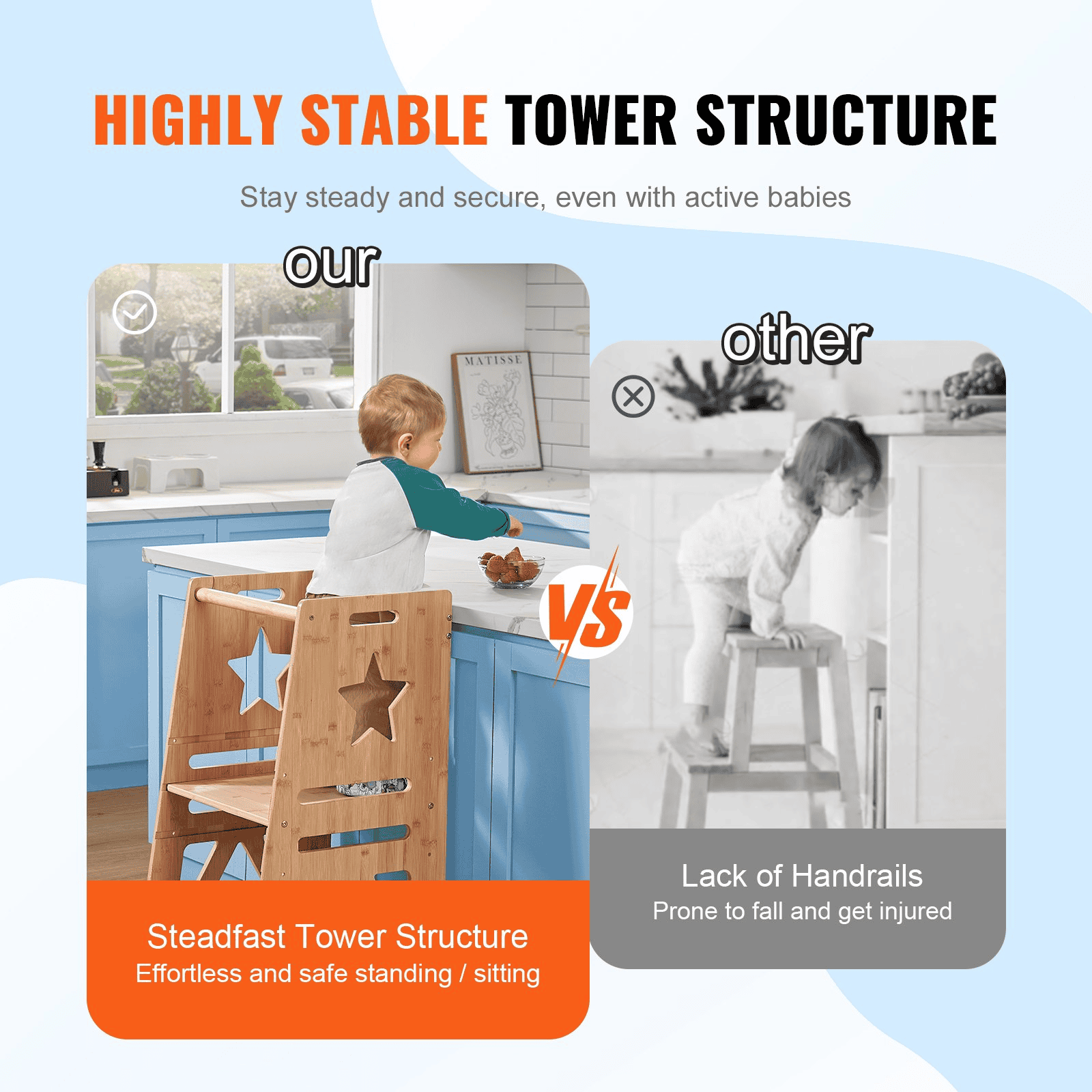 VEVOR Tower Step Stool, 3-Level Height Adjustable Toddler Step Stools for Kids, Kitchen Stool Helper, Bamboo Kids Standing Tower Learning Stool with Safety Rail for Kitchen Counter Bathroom, 350LBS