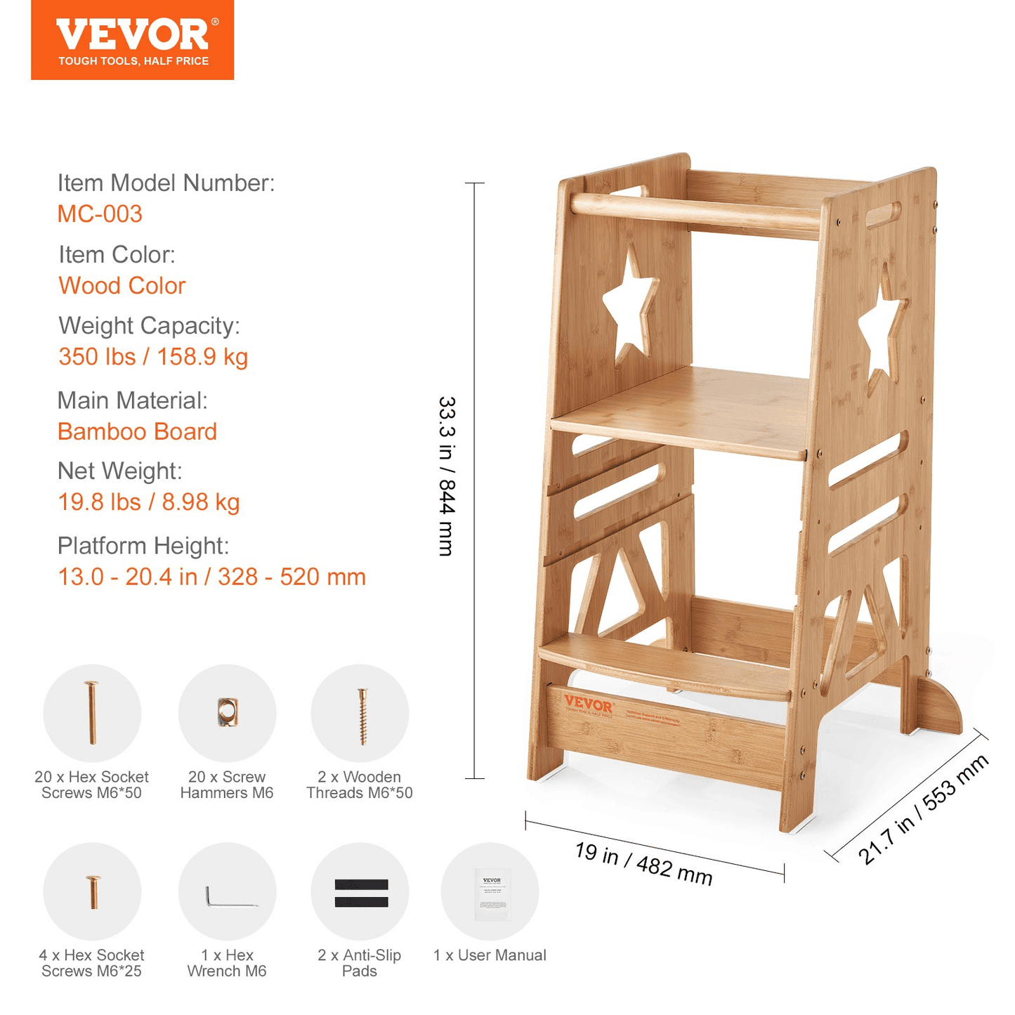 VEVOR Tower Step Stool, 3-Level Height Adjustable Toddler Step Stools for Kids, Kitchen Stool Helper, Bamboo Kids Standing Tower Learning Stool with Safety Rail for Kitchen Counter Bathroom, 350LBS