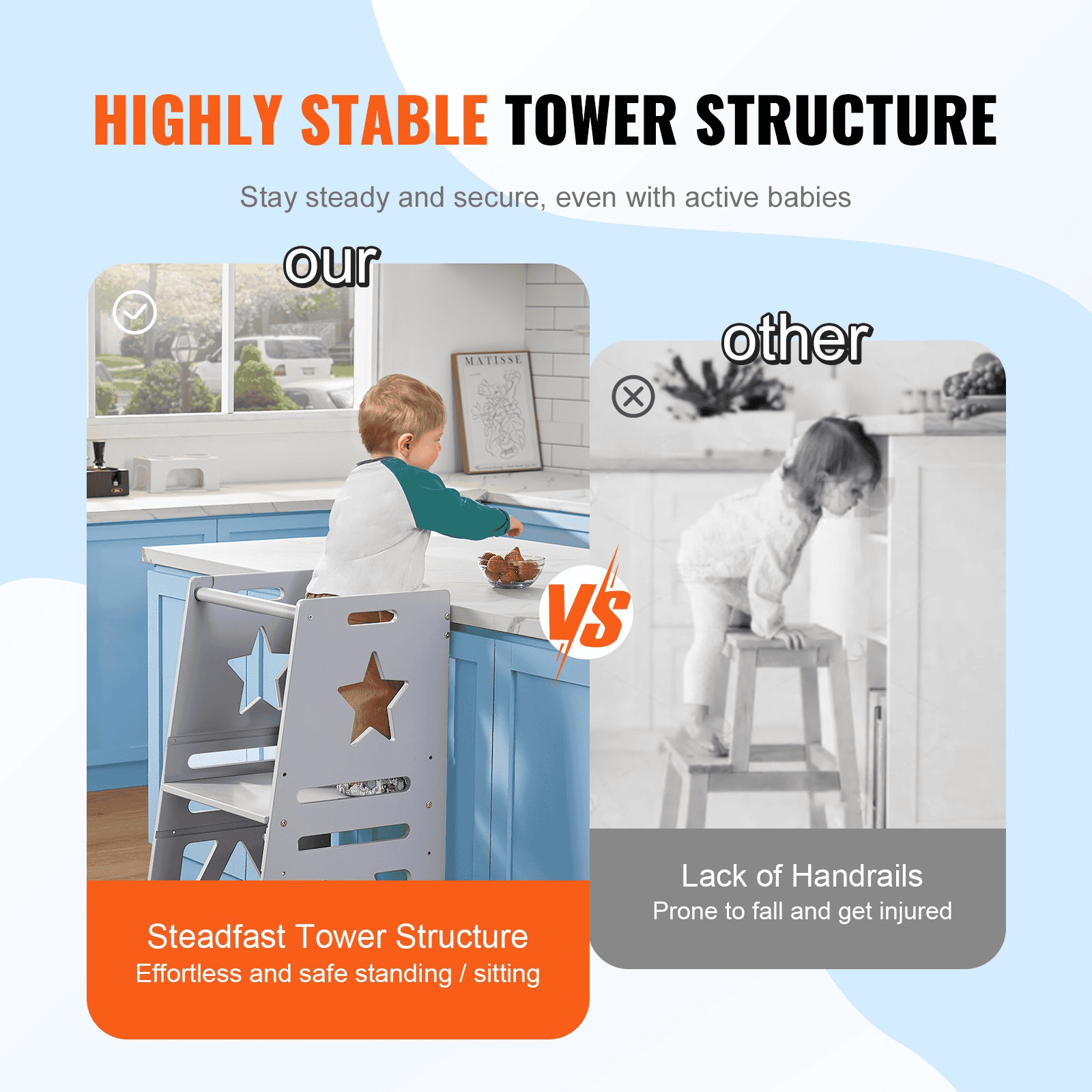 VEVOR Tower Step Stool, 3-Level Height Adjustable Toddler Step Stools for Kids, Kitchen Stool Helper, Bamboo Standing Tower Learning Stool with Safety Rail for Kitchen Counter Bathroom, 350LBS, Gray