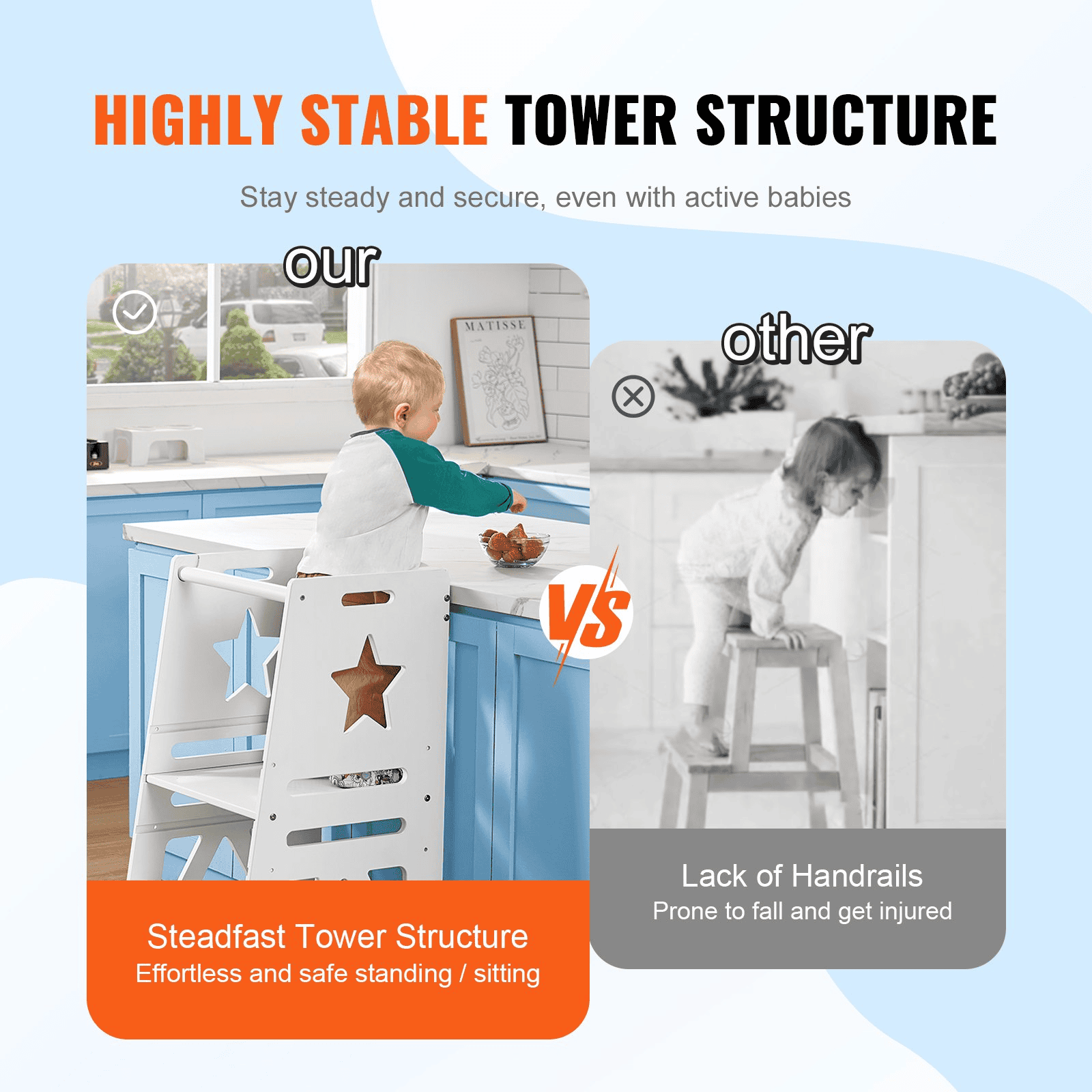 VEVOR Tower Step Stool, 3-Level Height Adjustable Toddler Step Stools for Kids, Kitchen Stool Helper, Bamboo Standing Tower Learning Stool with Safety Rail for Kitchen Counter Bathroom, 350LBS, White