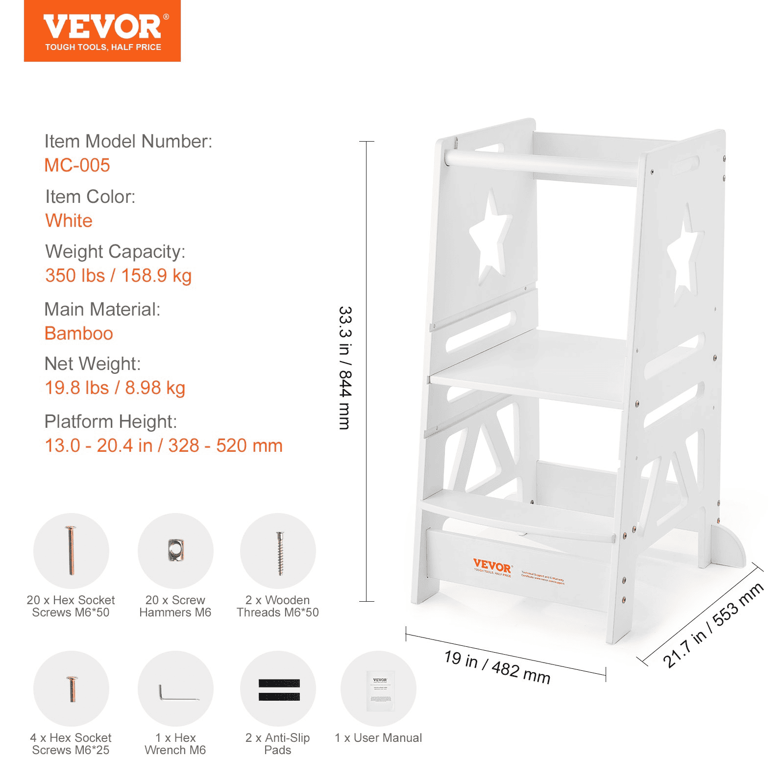 VEVOR Tower Step Stool, 3-Level Height Adjustable Toddler Step Stools for Kids, Kitchen Stool Helper, Bamboo Standing Tower Learning Stool with Safety Rail for Kitchen Counter Bathroom, 350LBS, White