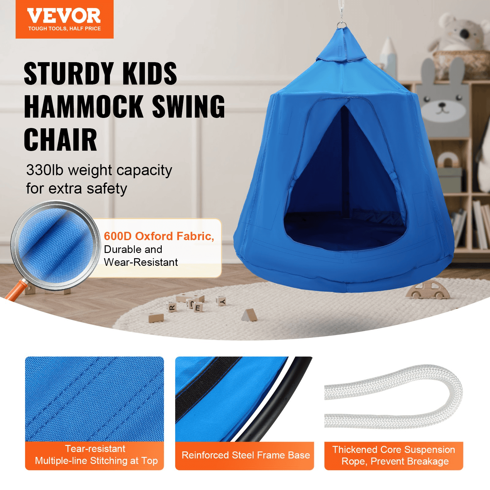 VEVOR Hanging Tree Tent, 330 LBS Capacity Hanging Tent Swing for Indoor and Outdoor Hammock Sensory Swing Chair w/LED Lights String, Inflatable Base, Ceiling Swing Pod Play Tent for Kids & Adults