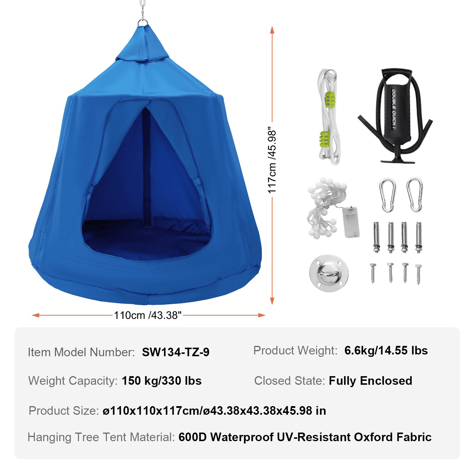 VEVOR Hanging Tree Tent, 330 LBS Capacity Hanging Tent Swing for Indoor and Outdoor Hammock Sensory Swing Chair w/LED Lights String, Inflatable Base, Ceiling Swing Pod Play Tent for Kids & Adults