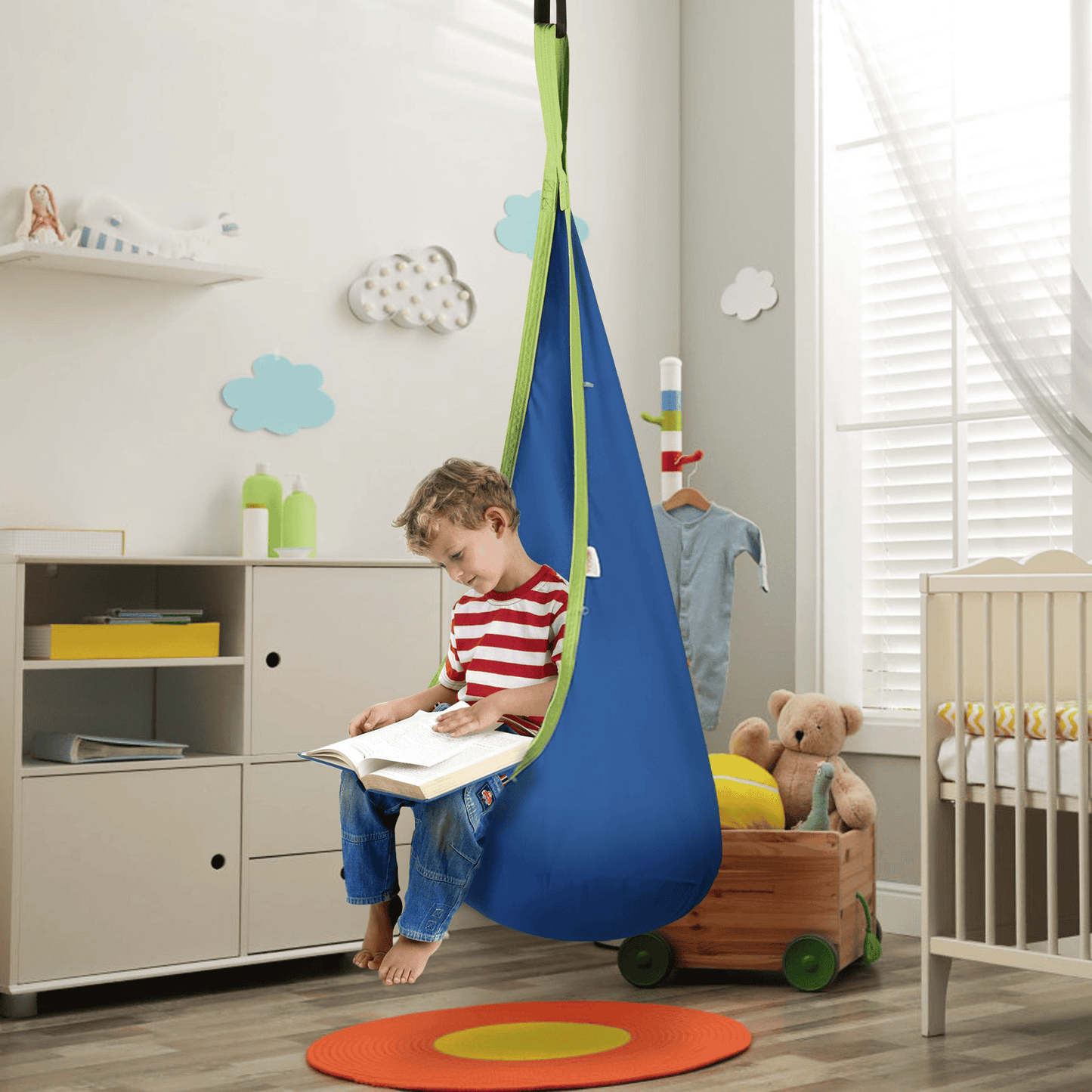 VEVOR Kids Pod Swing Seat, Hanging Hammock Chair with LED Lights Strings, Inflatable Cushion, Sensory Pod Swing Chair for Kids Indoor and Outdoor Hanging Chair, 100% Cotton Loading Capacity 120 lbs