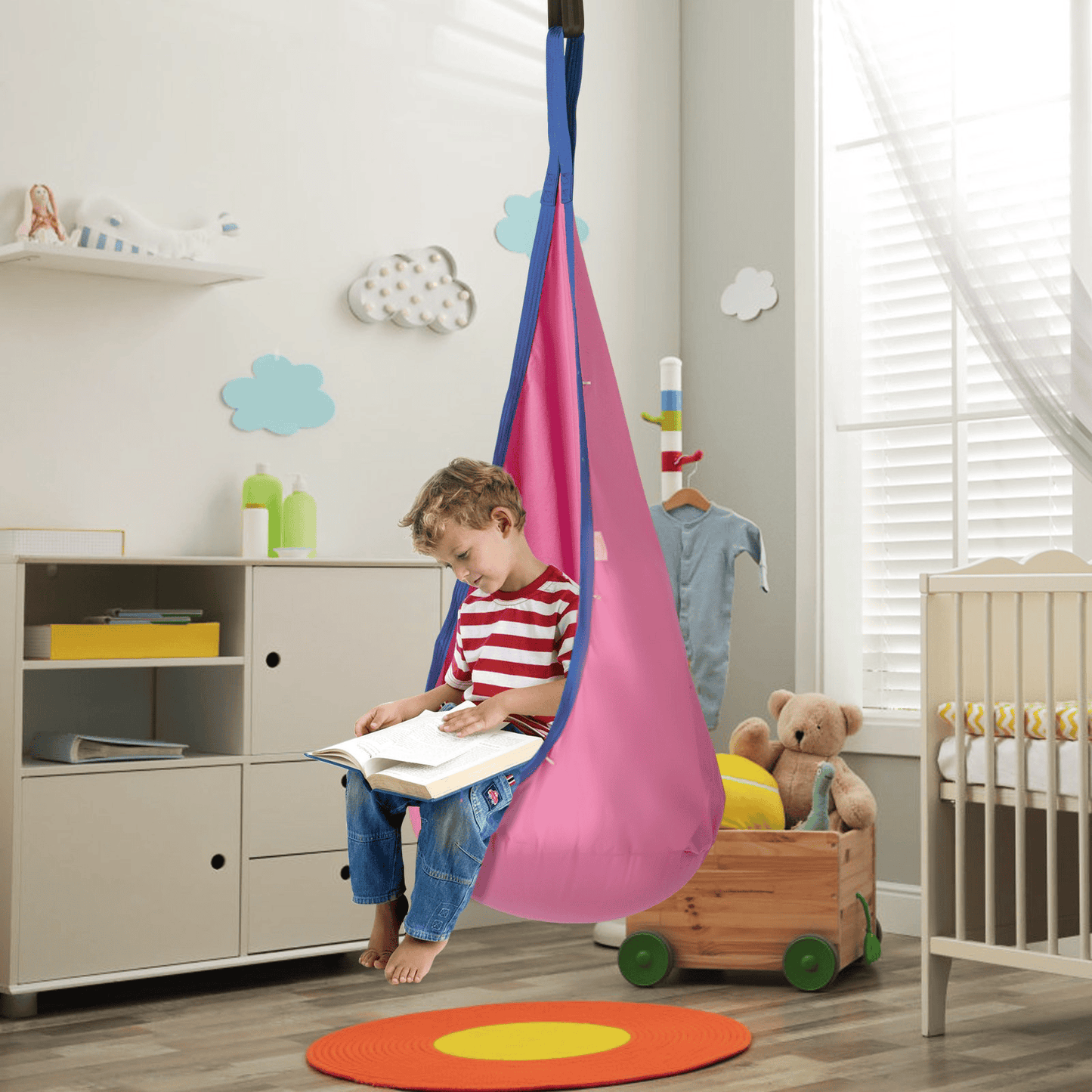 VEVOR Kids Pod Swing Seat, Hanging Hammock Chair with LED Lights Strings, Inflatable Cushion, Sensory Pod Swing Chair for Kids Indoor and Outdoor Hanging Chair, 100% Cotton Loading Capacity 120 lbs