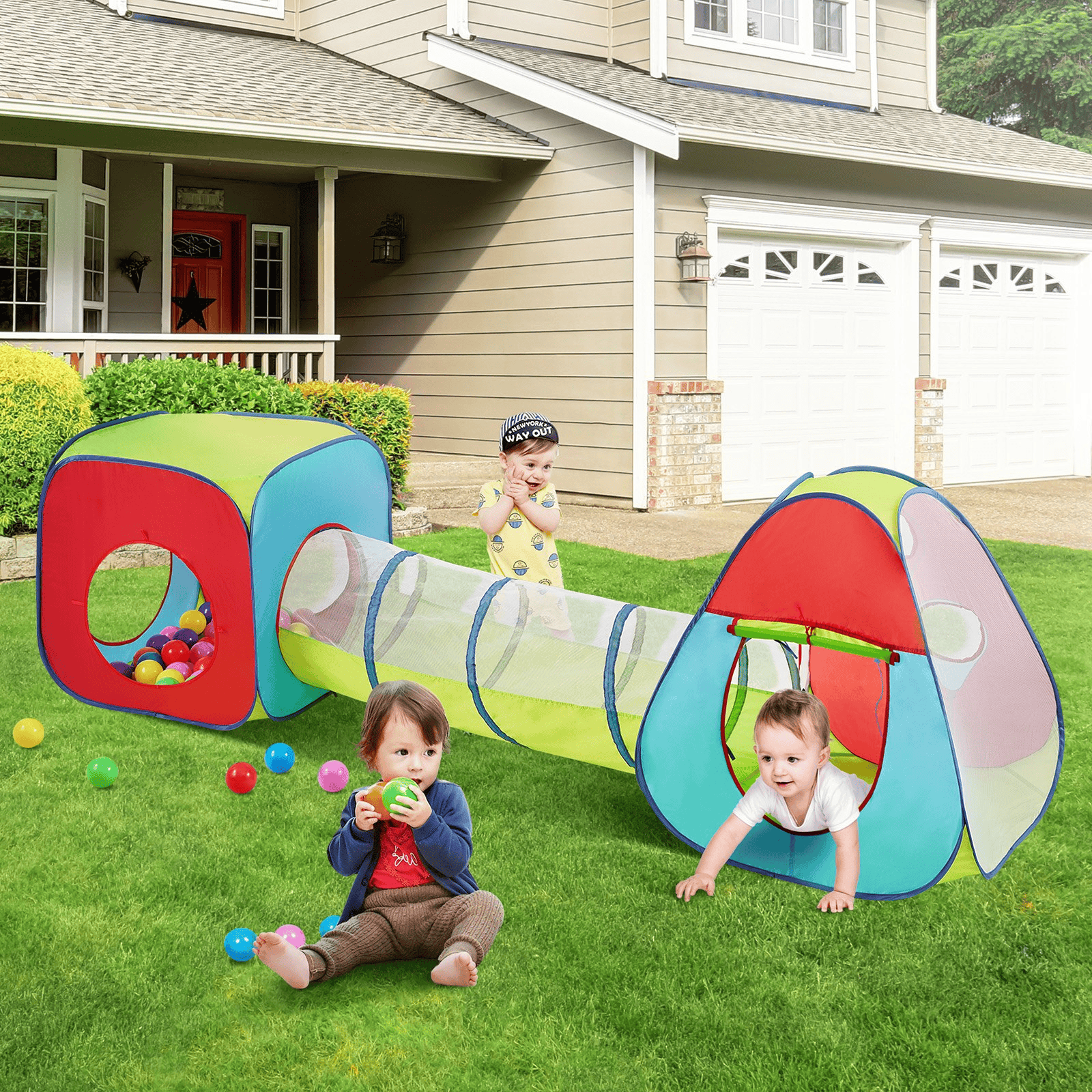 3 in 1 Kids Play Tent with Tunnel for Boys, Girls, Babies and Toddlers, Indoor/Outdoor Pop Up Playhouse with Carrying Bag & Banding Straps as Birthday Gifts, Red/Yellow/Blue Multicolor