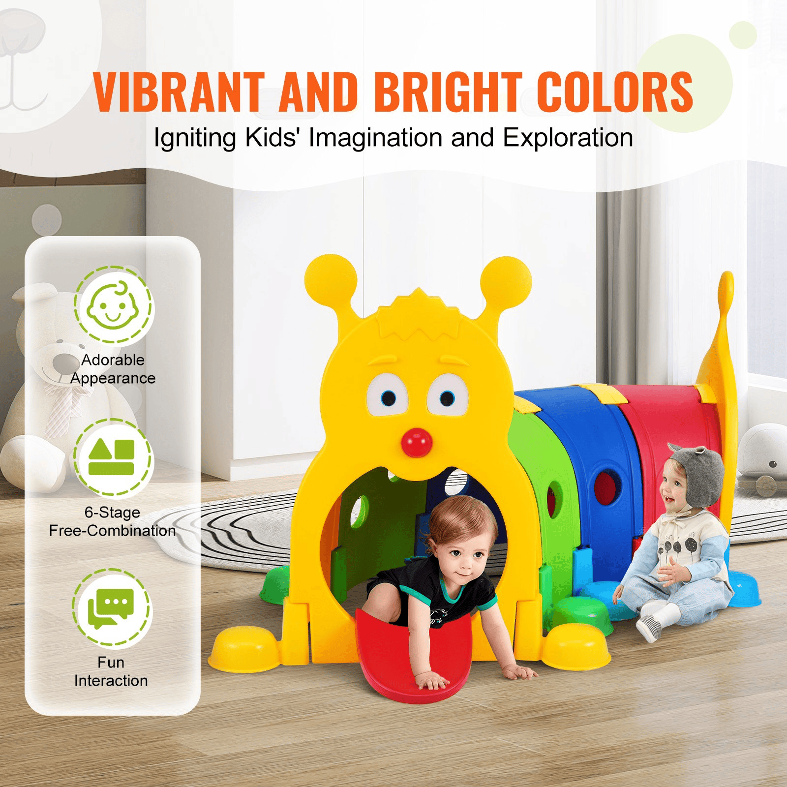 VEVOR Caterpillar Tunnel for Kids, Outdoor Indoor Climb and Crawl Through, Play Equipment for Toddler,Boys,Girls,Baby 3-6, 4 Sections, for Daycare, Preschool, Playground, Multicolor