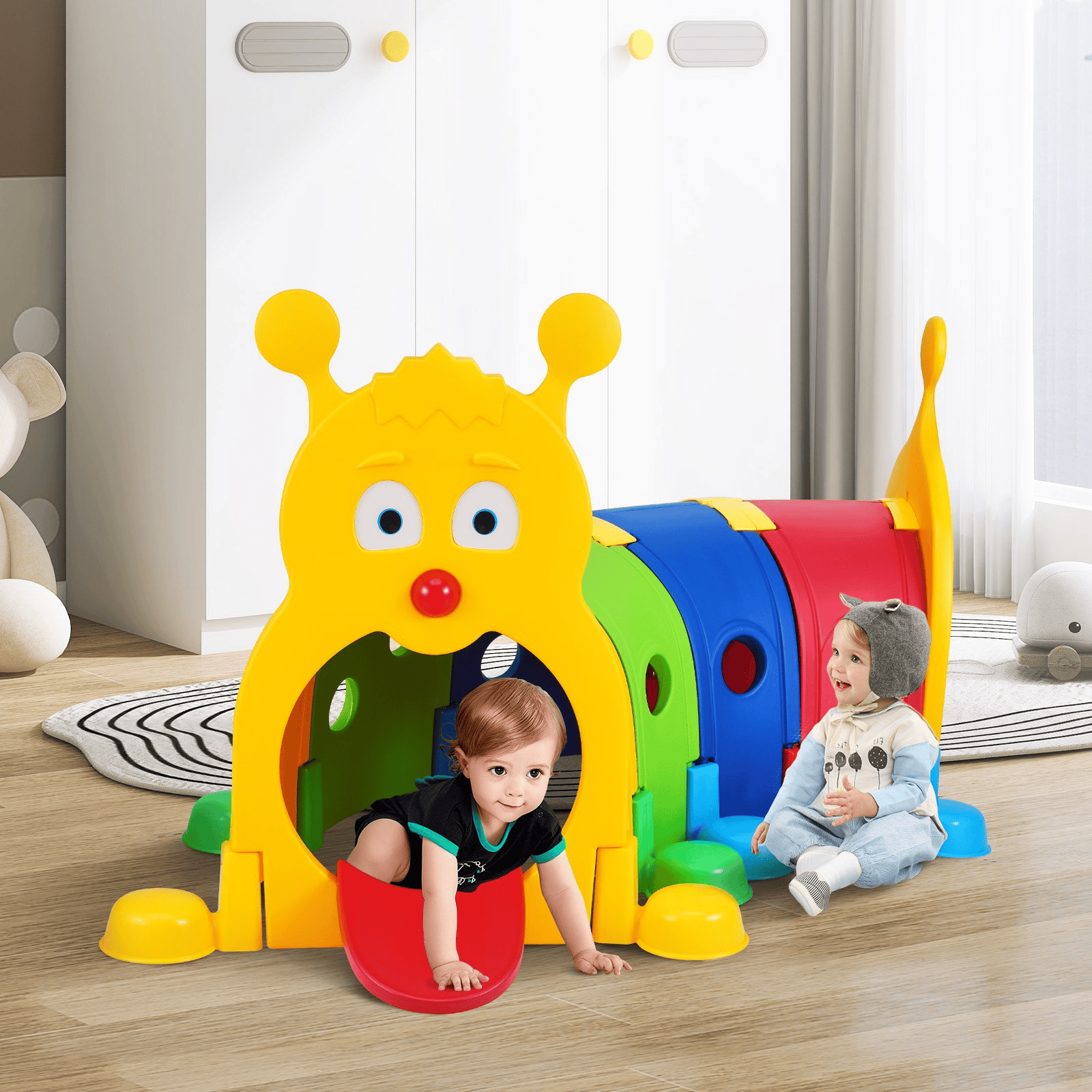 VEVOR Caterpillar Tunnel for Kids, Outdoor Indoor Climb and Crawl Through, Play Equipment for Toddler,Boys,Girls,Baby 3-6, 4 Sections, for Daycare, Preschool, Playground, Multicolor