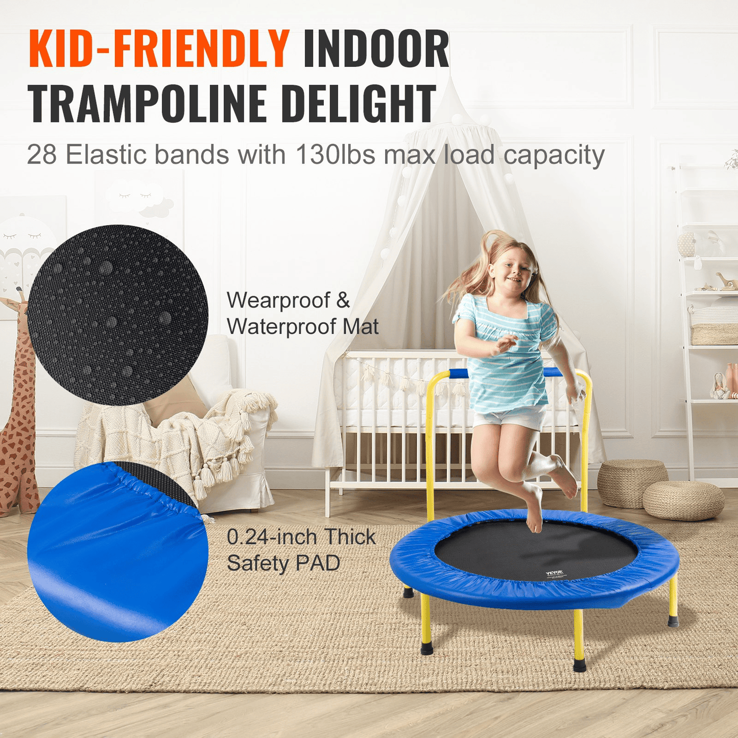 VEVOR 3FT Trampoline for Kids Indoor/Outdoor Foldable Baby Toddlers Trampoline