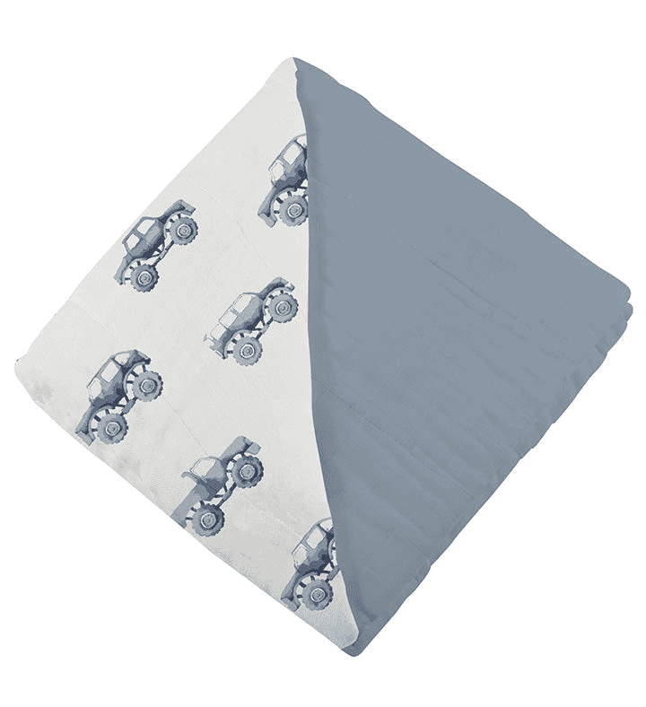 Indigo Monster Trucks and Blue Fog Cotton Newcastle Blanket