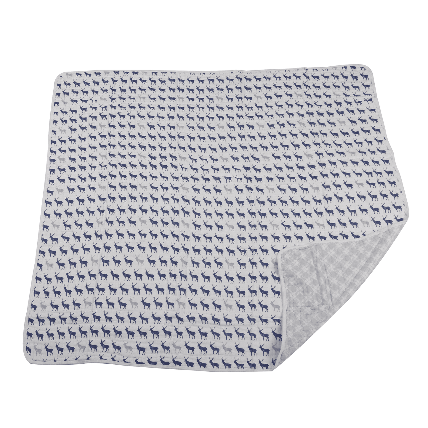 Blue Deer and Glacier Grey Plaid Cotton Muslin Newcastle Blanket