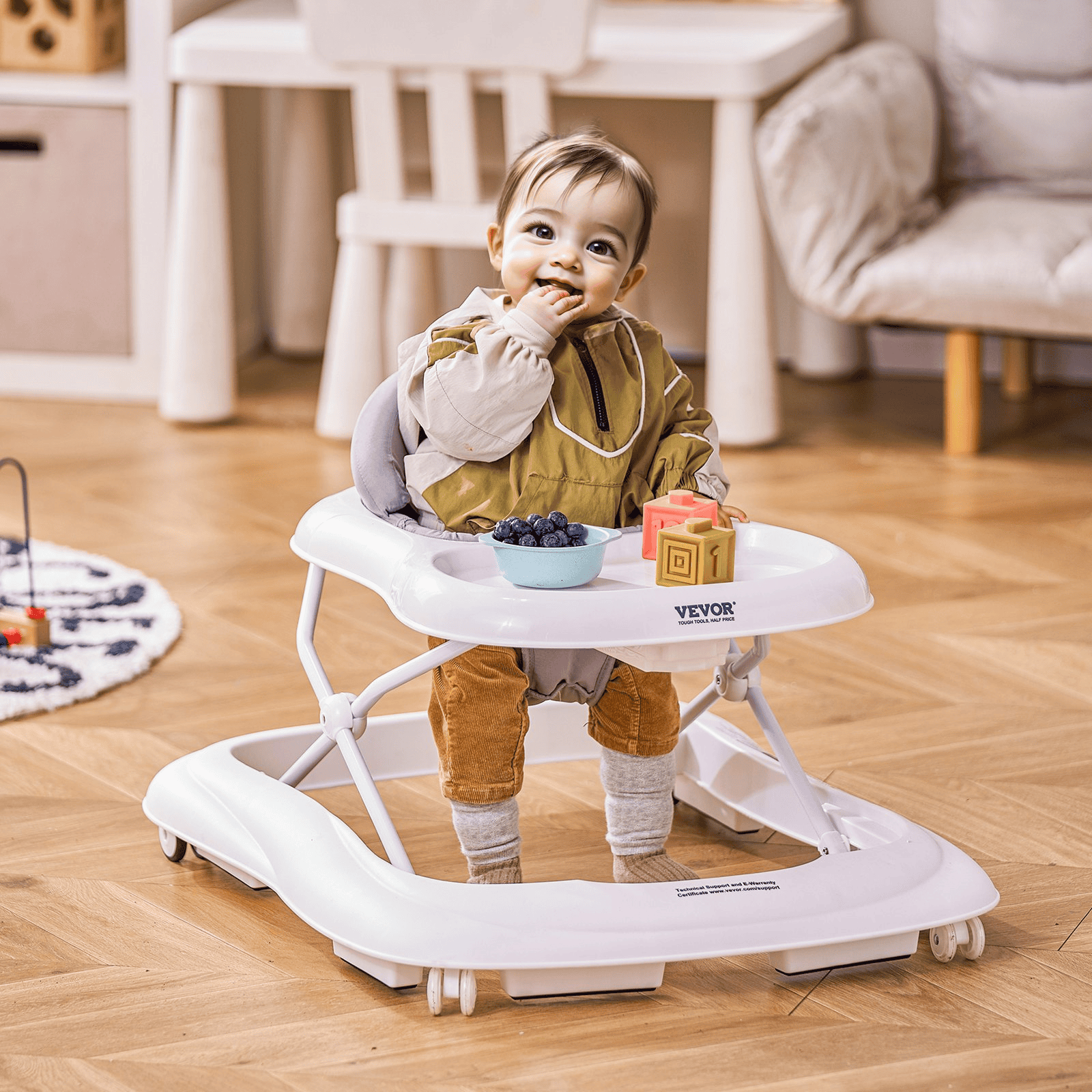 Baby Walker, Foldable Baby Walkers with 3-Level Adjustable Height, Rolling Toddler Walker and Activity Center with Wheels & Feeding Tray, Anti-Rollover Activity Helper for Boy Girl 6-12 Months