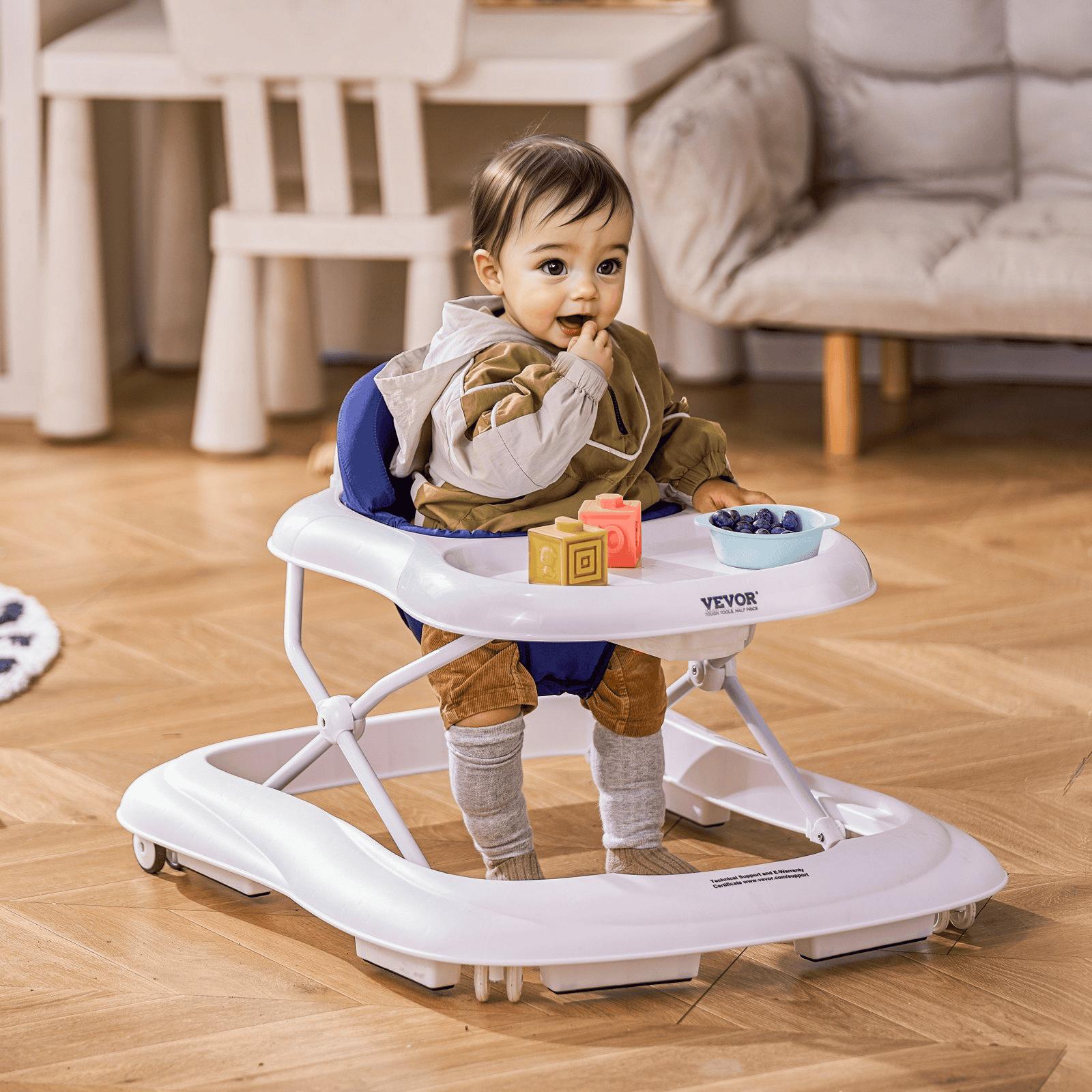 Baby Walker, Foldable Baby Walkers with 3-Level Adjustable Height, Rolling Toddler Walker and Activity Center with Wheels & Feeding Tray, Anti-Rollover Activity Helper for Boy Girl 6-12 Months