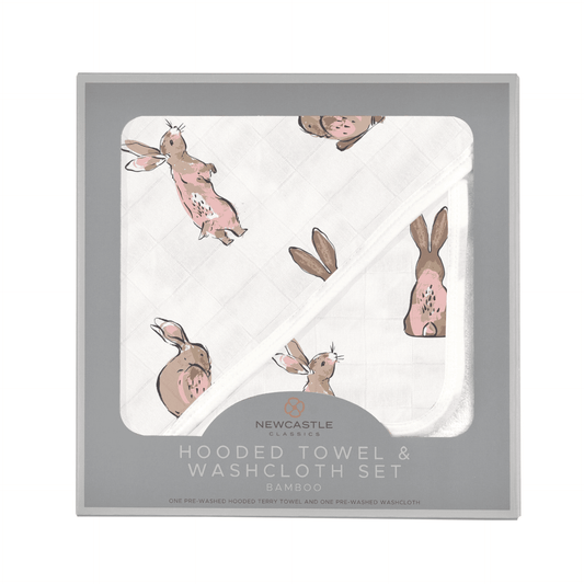 Powder Pink Bunnies Bamboo Hooded Towel and Washcloth Set