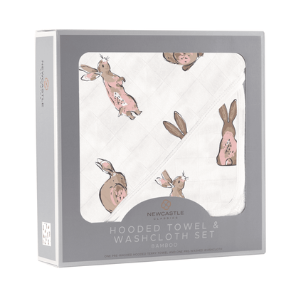 Powder Pink Bunnies Bamboo Hooded Towel and Washcloth Set