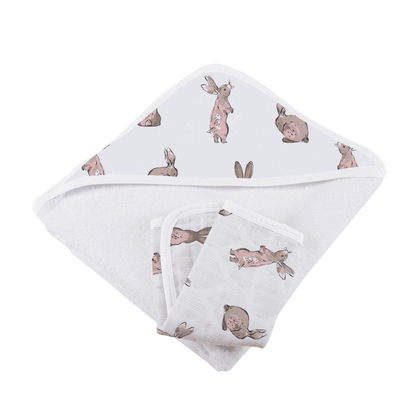 Powder Pink Bunnies Bamboo Hooded Towel and Washcloth Set