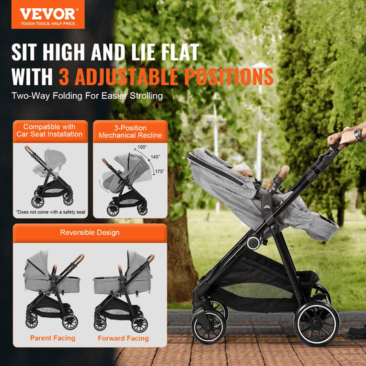 Standard Baby Stroller, Infant Toddler Stroller with Bassinet, 3rd-Gear Adjustable Backrest & Foldable & Reversible Seat, Carbon Steel Newborn Stroller with Leg Cover and Mesh Net, Dark Grey