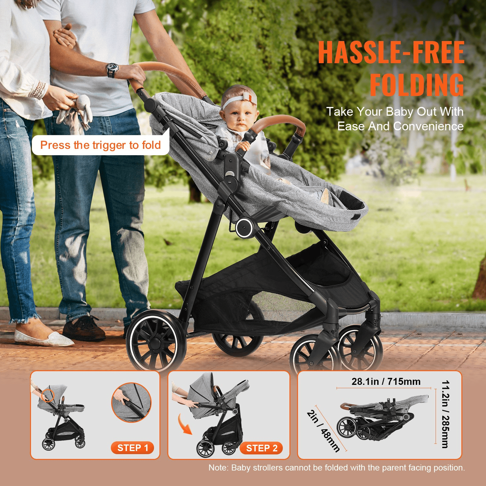 Standard Baby Stroller, Infant Toddler Stroller with Bassinet, 3rd-Gear Adjustable Backrest & Foldable & Reversible Seat, Carbon Steel Newborn Stroller with Leg Cover and Mesh Net, Dark Grey