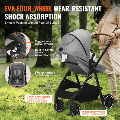 Standard Baby Stroller, Infant Toddler Stroller with Bassinet, 3rd-Gear Adjustable Backrest & Foldable & Reversible Seat, Carbon Steel Newborn Stroller with Leg Cover and Mesh Net, Dark Grey