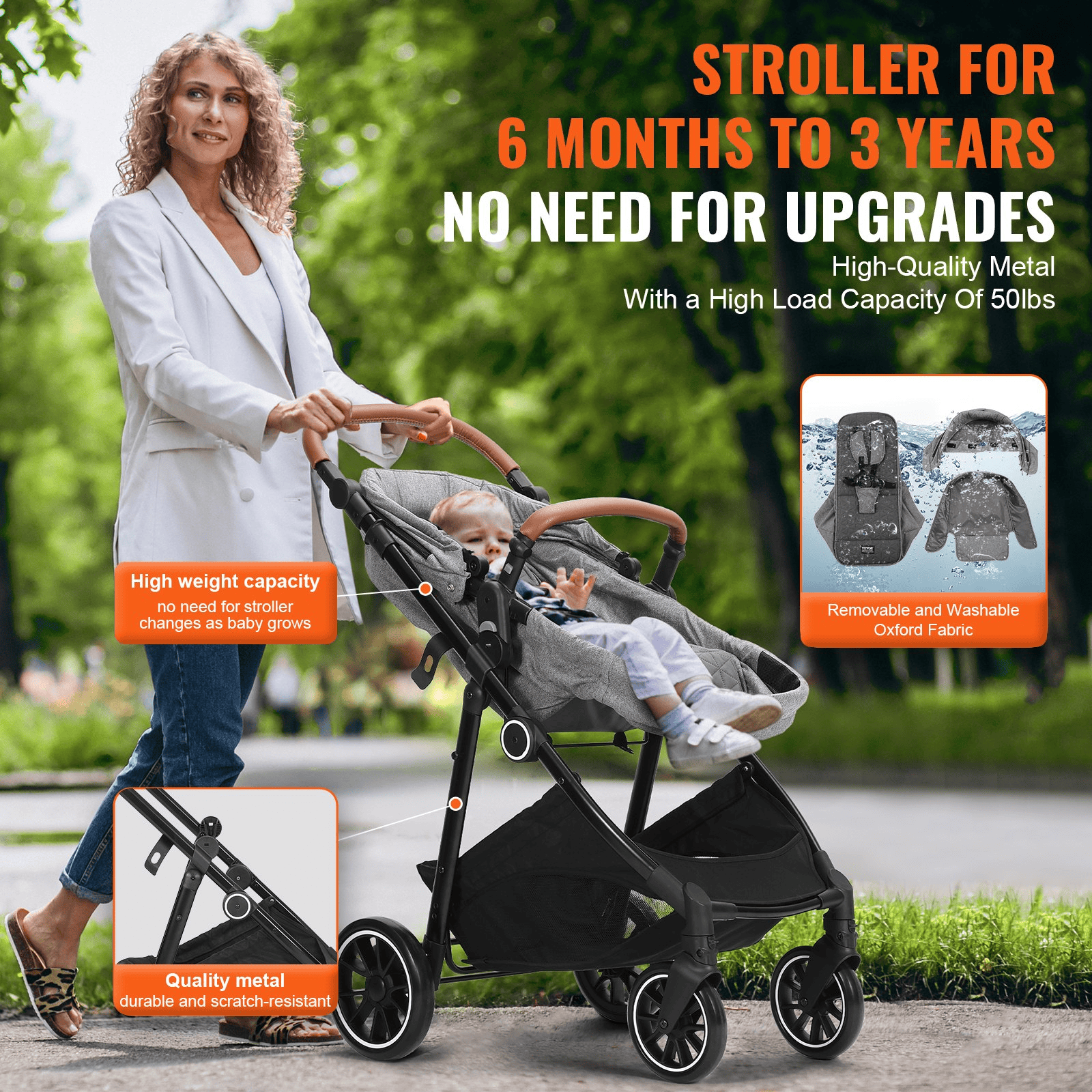 Standard Baby Stroller, Infant Toddler Stroller with Bassinet, 3rd-Gear Adjustable Backrest & Foldable & Reversible Seat, Carbon Steel Newborn Stroller with Leg Cover and Mesh Net, Dark Grey