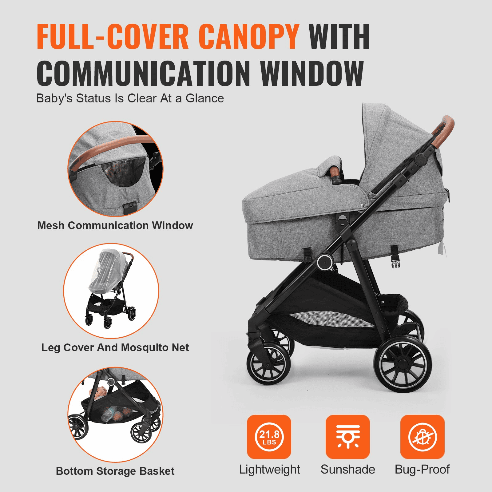 Standard Baby Stroller, Infant Toddler Stroller with Bassinet, 3rd-Gear Adjustable Backrest & Foldable & Reversible Seat, Carbon Steel Newborn Stroller with Leg Cover and Mesh Net, Dark Grey