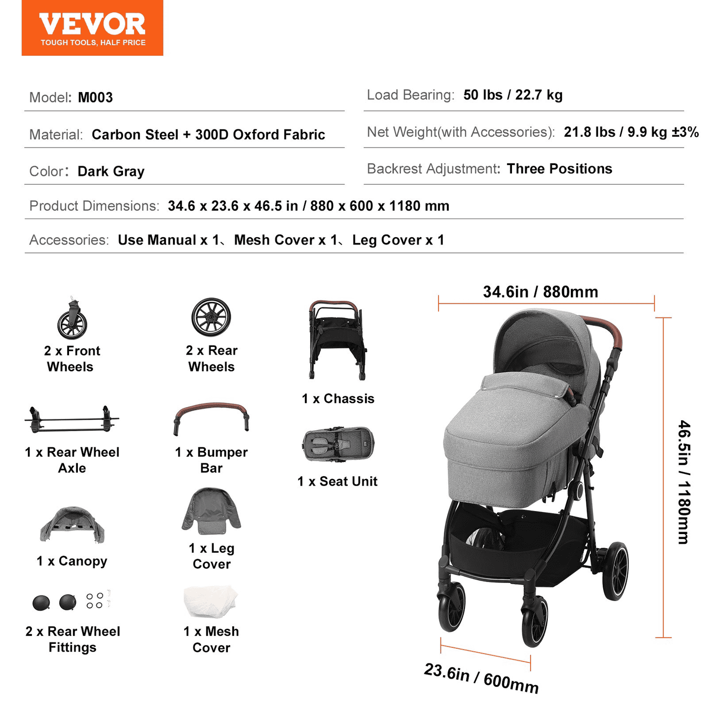 Standard Baby Stroller, Infant Toddler Stroller with Bassinet, 3rd-Gear Adjustable Backrest & Foldable & Reversible Seat, Carbon Steel Newborn Stroller with Leg Cover and Mesh Net, Dark Grey