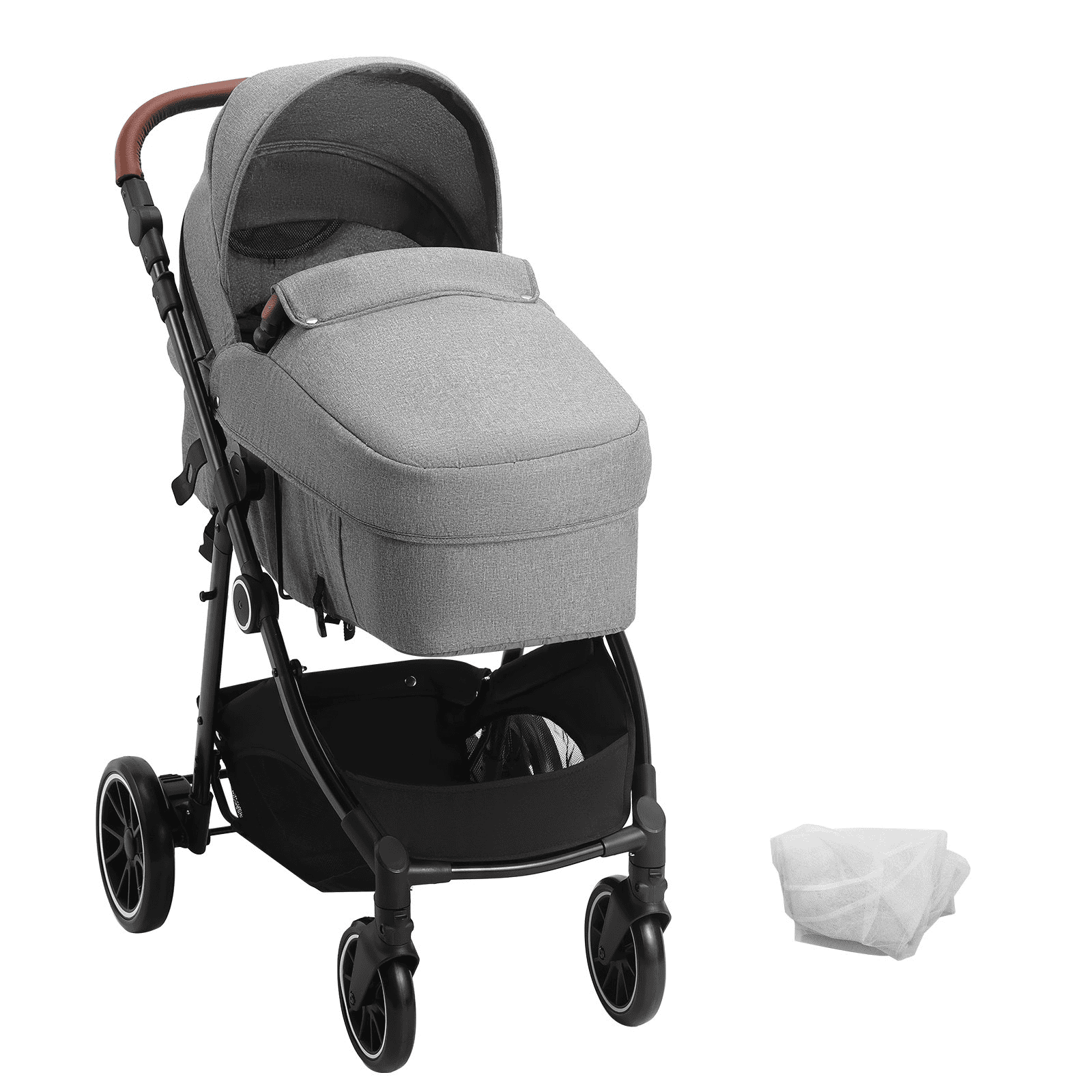 Standard Baby Stroller, Infant Toddler Stroller with Bassinet, 3rd-Gear Adjustable Backrest & Foldable & Reversible Seat, Carbon Steel Newborn Stroller with Leg Cover and Mesh Net, Dark Grey