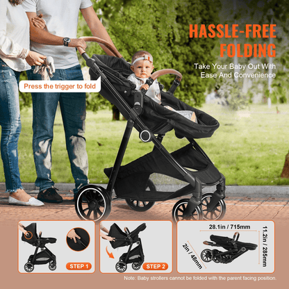 Standard Baby Stroller, Infant Toddler Stroller with Bassinet, 3rd-Gear Adjustable Backrest & Foldable & Reversible Seat, Carbon Steel Newborn Stroller with Leg Cover and Mesh Net, Black