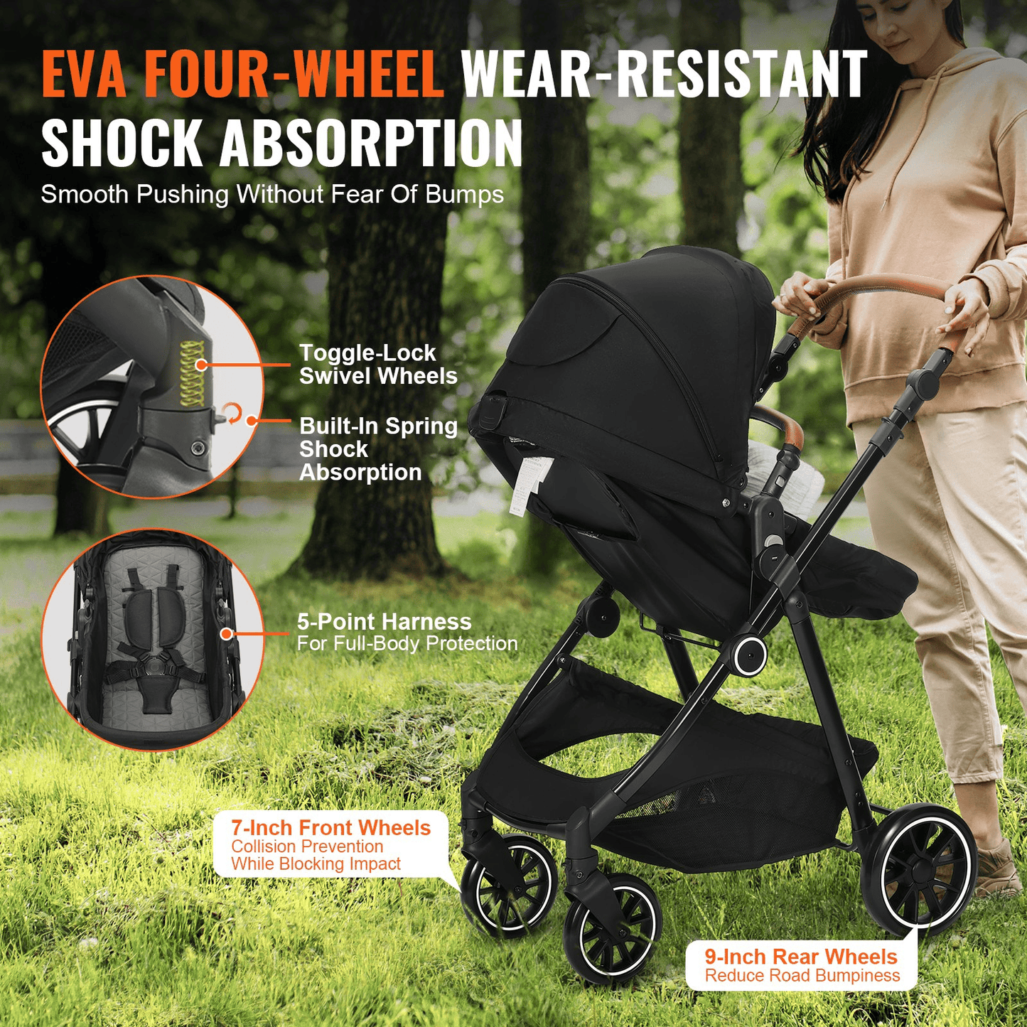 Standard Baby Stroller, Infant Toddler Stroller with Bassinet, 3rd-Gear Adjustable Backrest & Foldable & Reversible Seat, Carbon Steel Newborn Stroller with Leg Cover and Mesh Net, Black