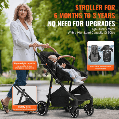 Standard Baby Stroller, Infant Toddler Stroller with Bassinet, 3rd-Gear Adjustable Backrest & Foldable & Reversible Seat, Carbon Steel Newborn Stroller with Leg Cover and Mesh Net, Black