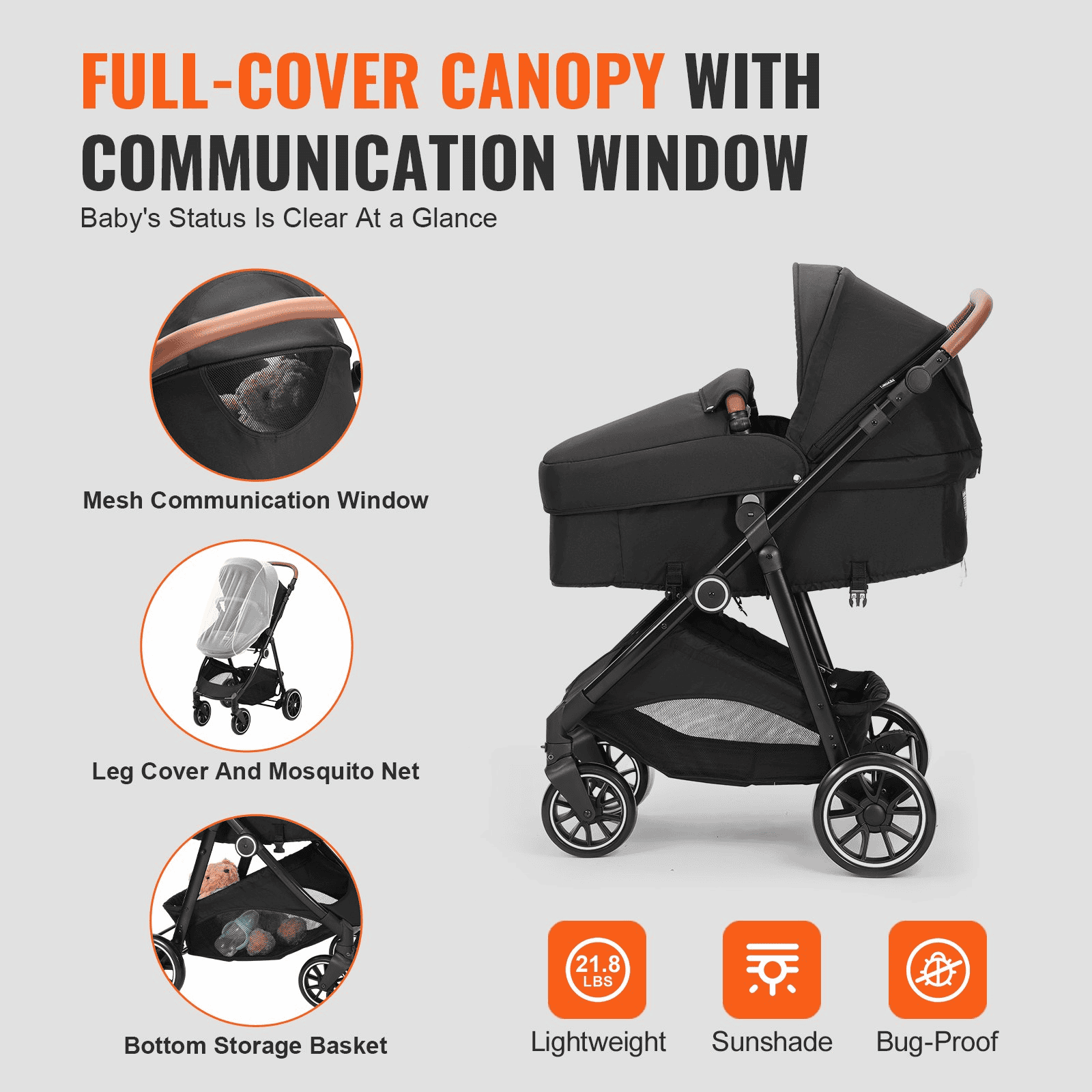 Standard Baby Stroller, Infant Toddler Stroller with Bassinet, 3rd-Gear Adjustable Backrest & Foldable & Reversible Seat, Carbon Steel Newborn Stroller with Leg Cover and Mesh Net, Black