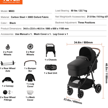 Standard Baby Stroller, Infant Toddler Stroller with Bassinet, 3rd-Gear Adjustable Backrest & Foldable & Reversible Seat, Carbon Steel Newborn Stroller with Leg Cover and Mesh Net, Black