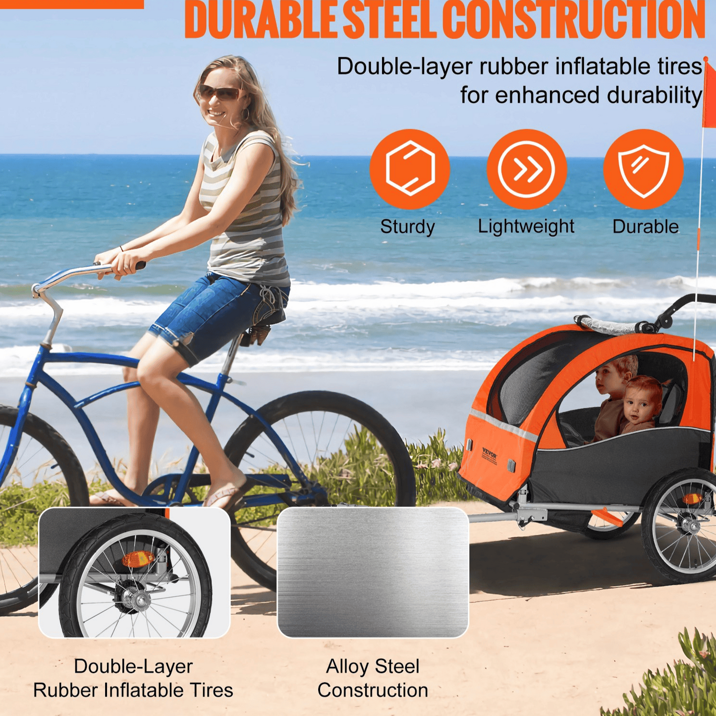 Bike Trailer for Toddlers, Kids, Double Seat, 100 lbs Load, 2-In-1 Canopy Carrier Converts to Stroller, Tow Behind Foldable Child Bicycle Trailer with Universal Bicycle Coupler, Orange and Gray