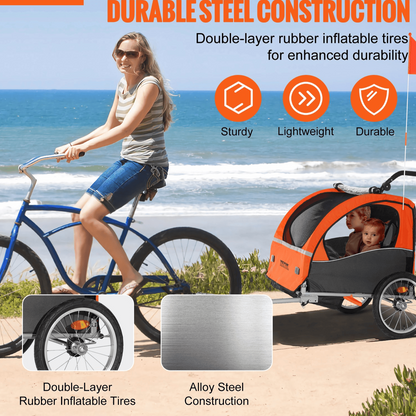 Bike Trailer for Toddlers, Kids, Double Seat, 100 lbs Load, 2-In-1 Canopy Carrier Converts to Stroller, Tow Behind Foldable Child Bicycle Trailer with Universal Bicycle Coupler, Orange and Gray