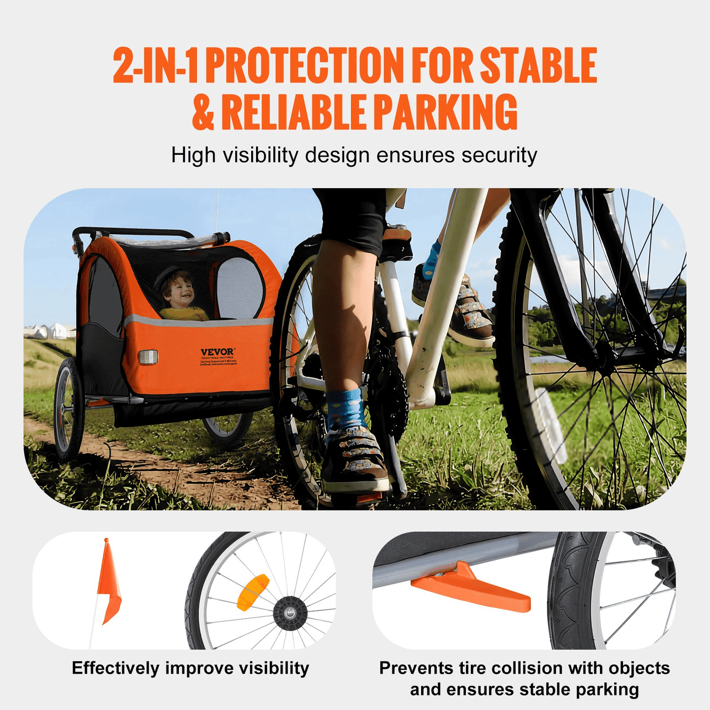 Bike Trailer for Toddlers, Kids, Double Seat, 100 lbs Load, 2-In-1 Canopy Carrier Converts to Stroller, Tow Behind Foldable Child Bicycle Trailer with Universal Bicycle Coupler, Orange and Gray