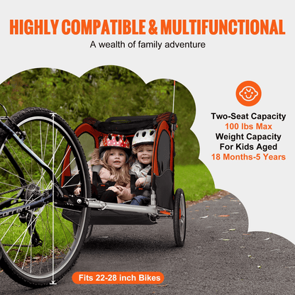 Bike Trailer for Toddlers, Kids, Double Seat, 100 lbs Load, 2-In-1 Canopy Carrier Converts to Stroller, Tow Behind Foldable Child Bicycle Trailer with Universal Bicycle Coupler, Orange and Gray