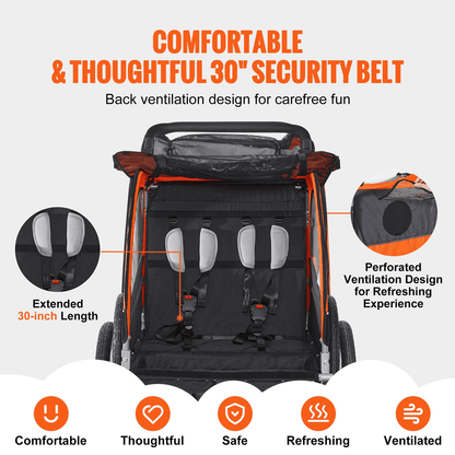 Bike Trailer for Toddlers, Kids, Double Seat, 100 lbs Load, 2-In-1 Canopy Carrier Converts to Stroller, Tow Behind Foldable Child Bicycle Trailer with Universal Bicycle Coupler, Orange and Gray