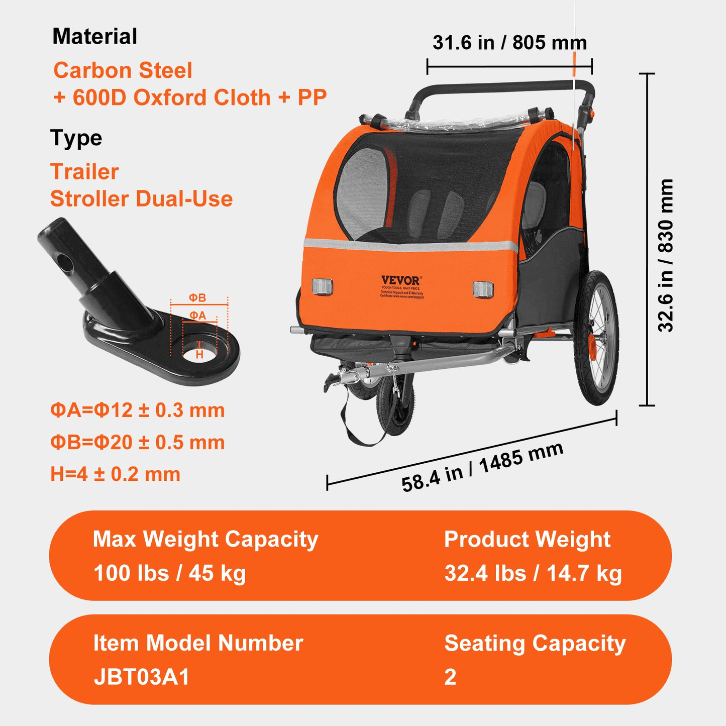 Bike Trailer for Toddlers, Kids, Double Seat, 100 lbs Load, 2-In-1 Canopy Carrier Converts to Stroller, Tow Behind Foldable Child Bicycle Trailer with Universal Bicycle Coupler, Orange and Gray