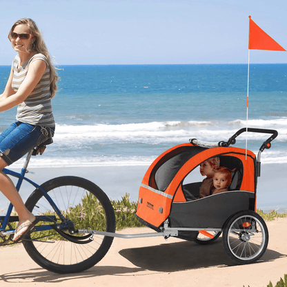 Bike Trailer for Toddlers, Kids, Double Seat, 100 lbs Load, 2-In-1 Canopy Carrier Converts to Stroller, Tow Behind Foldable Child Bicycle Trailer with Universal Bicycle Coupler, Orange and Gray