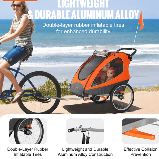 Bike Trailer for Toddlers, Kids, Double Seat, 100 lbs Load, 2-In-1 Canopy Carrier Converts to Stroller, Tow Behind Foldable Child Bicycle Trailer with Universal Bicycle Coupler, Orange and Gray