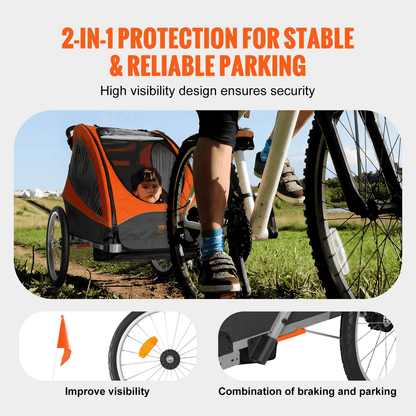 Bike Trailer for Toddlers, Kids, Double Seat, 100 lbs Load, 2-In-1 Canopy Carrier Converts to Stroller, Tow Behind Foldable Child Bicycle Trailer with Universal Bicycle Coupler, Orange and Gray