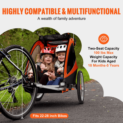 Bike Trailer for Toddlers, Kids, Double Seat, 100 lbs Load, 2-In-1 Canopy Carrier Converts to Stroller, Tow Behind Foldable Child Bicycle Trailer with Universal Bicycle Coupler, Orange and Gray