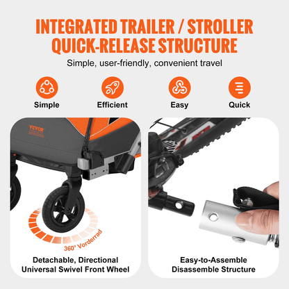 Bike Trailer for Toddlers, Kids, Double Seat, 100 lbs Load, 2-In-1 Canopy Carrier Converts to Stroller, Tow Behind Foldable Child Bicycle Trailer with Universal Bicycle Coupler, Orange and Gray