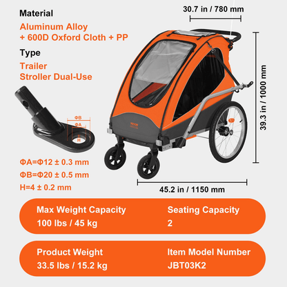 Bike Trailer for Toddlers, Kids, Double Seat, 100 lbs Load, 2-In-1 Canopy Carrier Converts to Stroller, Tow Behind Foldable Child Bicycle Trailer with Universal Bicycle Coupler, Orange and Gray