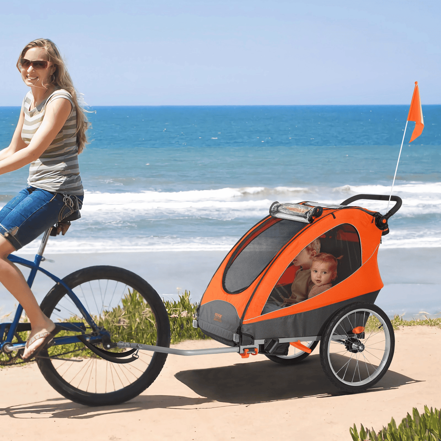 Bike Trailer for Toddlers, Kids, Double Seat, 100 lbs Load, 2-In-1 Canopy Carrier Converts to Stroller, Tow Behind Foldable Child Bicycle Trailer with Universal Bicycle Coupler, Orange and Gray